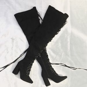 SOLD Thigh High Black Suede Lace Up Boots